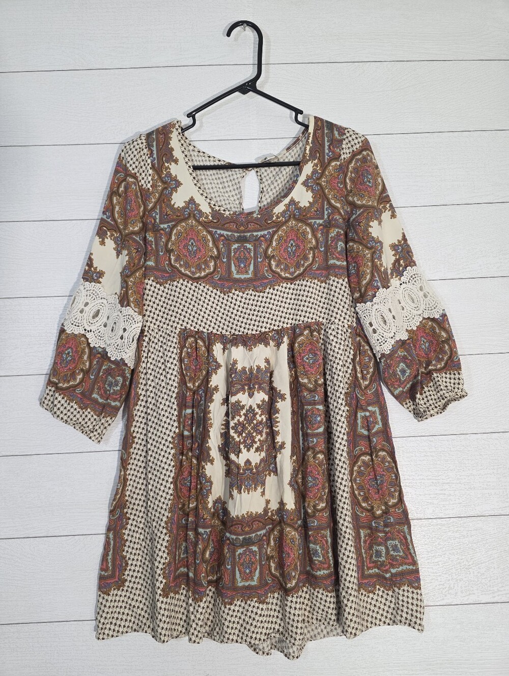 Umgee Paisley Crochet Lace Trim Babydoll Multicolor Tunic Dress Large